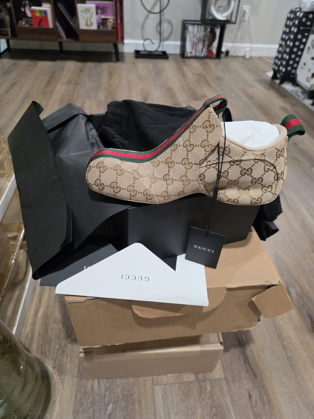 Gucci Beige GG Canvas Slip-On Moccasins with Red & Green Web